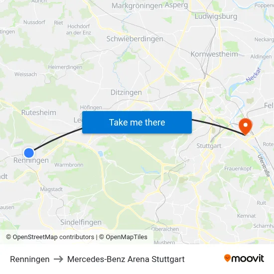 Renningen to Mercedes-Benz Arena Stuttgart map