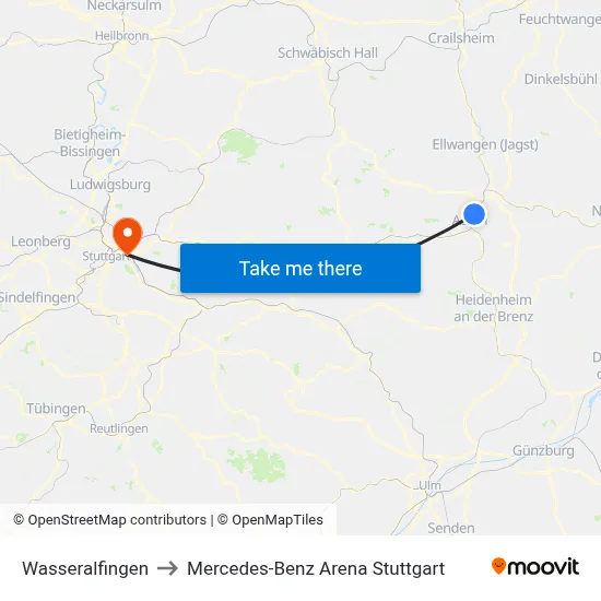 Wasseralfingen to Mercedes-Benz Arena Stuttgart map