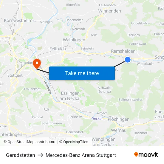 Geradstetten to Mercedes-Benz Arena Stuttgart map