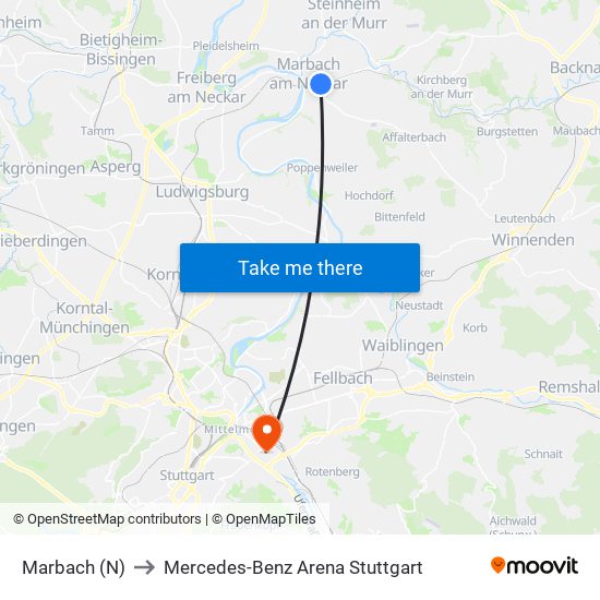Marbach (N) to Mercedes-Benz Arena Stuttgart map