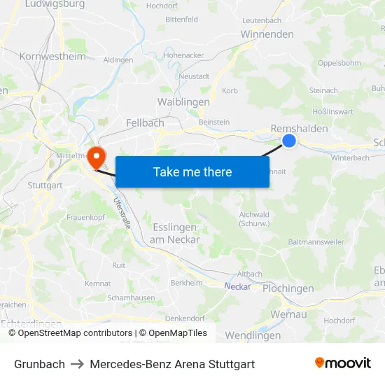 Grunbach to Mercedes-Benz Arena Stuttgart map