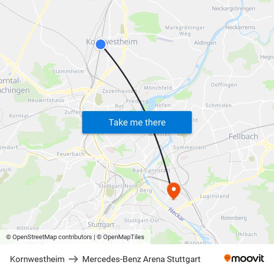 Kornwestheim to Mercedes-Benz Arena Stuttgart map