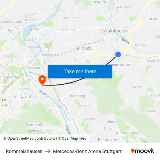 Rommelshausen to Mercedes-Benz Arena Stuttgart map