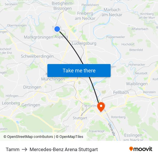 Tamm to Mercedes-Benz Arena Stuttgart map