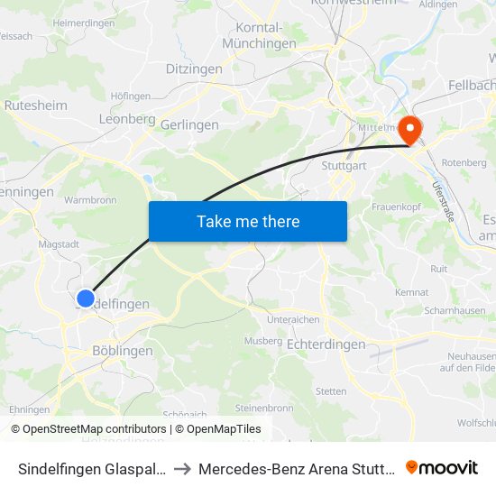 Sindelfingen Glaspalast to Mercedes-Benz Arena Stuttgart map