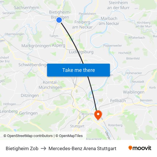 Bietigheim Zob to Mercedes-Benz Arena Stuttgart map