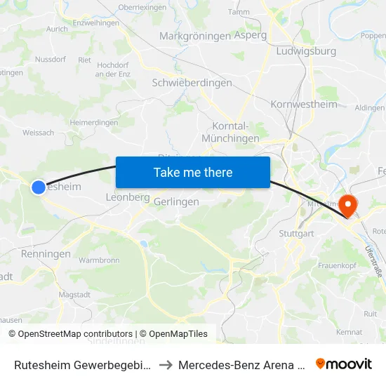 Rutesheim Gewerbegebiet Steige to Mercedes-Benz Arena Stuttgart map