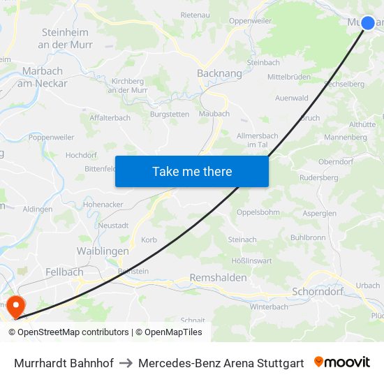 Murrhardt Bahnhof to Mercedes-Benz Arena Stuttgart map