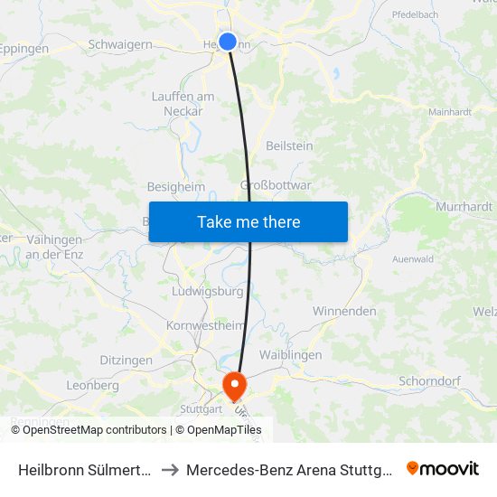 Heilbronn Sülmertor to Mercedes-Benz Arena Stuttgart map