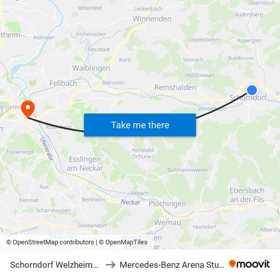 Schorndorf Welzheimer Str. to Mercedes-Benz Arena Stuttgart map