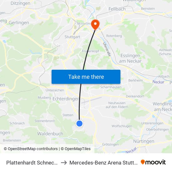 Plattenhardt Schnecken to Mercedes-Benz Arena Stuttgart map