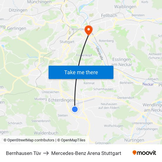 Bernhausen Tüv to Mercedes-Benz Arena Stuttgart map