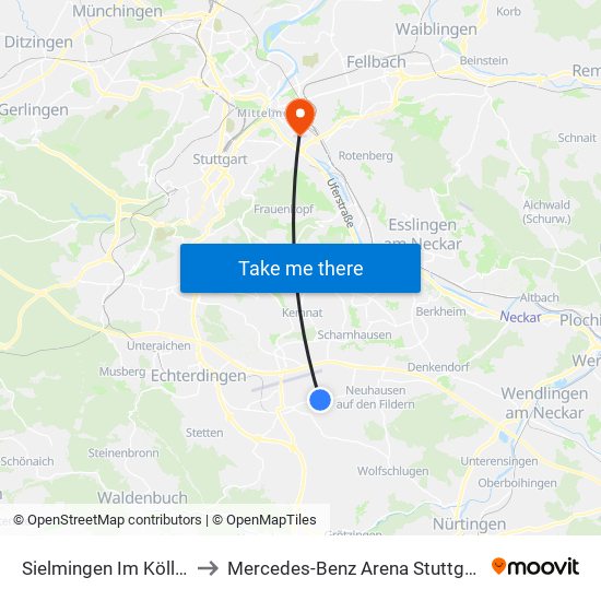 Sielmingen Im Köller to Mercedes-Benz Arena Stuttgart map