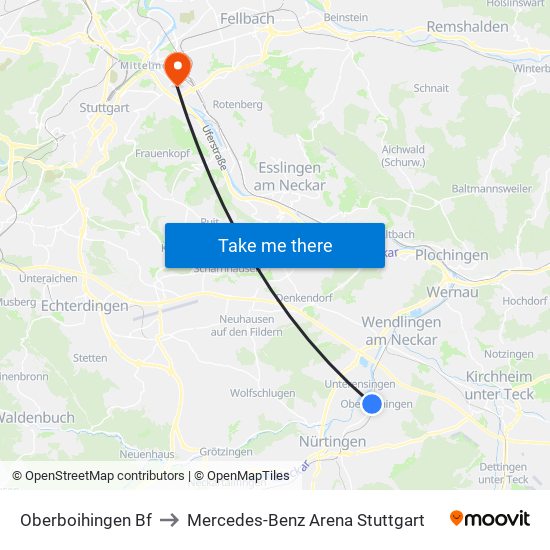 Oberboihingen Bf to Mercedes-Benz Arena Stuttgart map