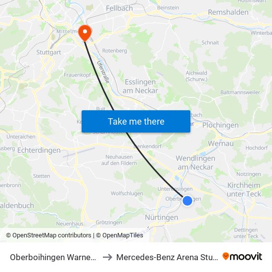 Oberboihingen Warnenberg to Mercedes-Benz Arena Stuttgart map