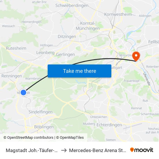 Magstadt Joh.-Täufer-Kirche to Mercedes-Benz Arena Stuttgart map