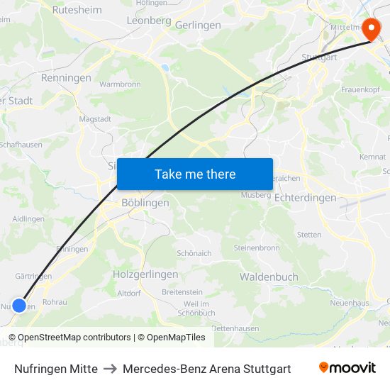Nufringen Mitte to Mercedes-Benz Arena Stuttgart map