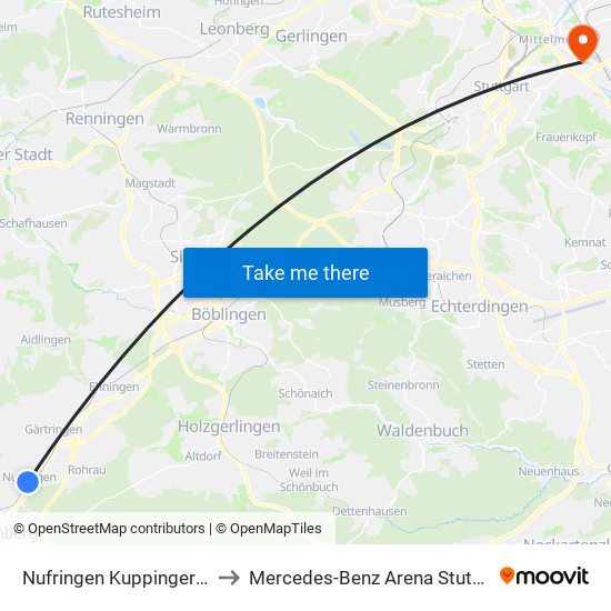 Nufringen Kuppinger Str. to Mercedes-Benz Arena Stuttgart map