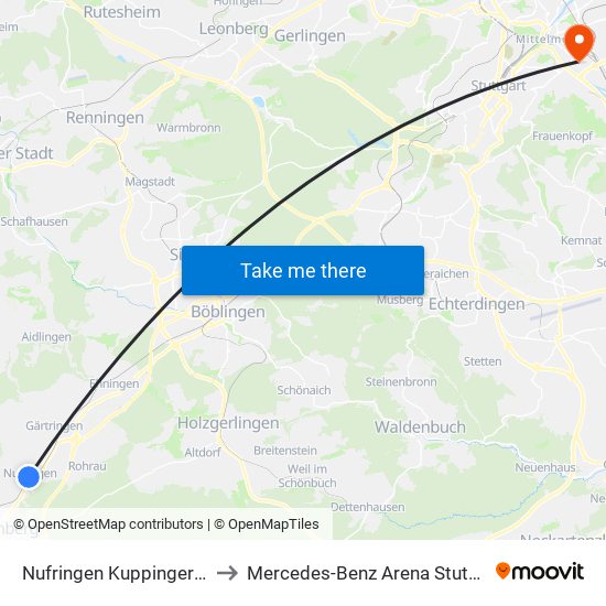 Nufringen Kuppinger Str. to Mercedes-Benz Arena Stuttgart map