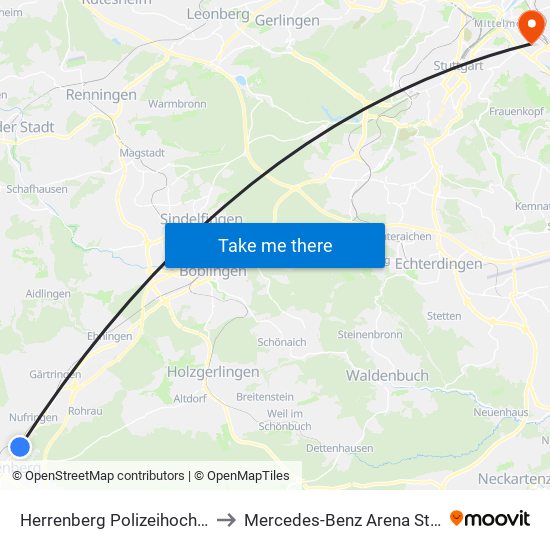 Herrenberg Polizeihochschule to Mercedes-Benz Arena Stuttgart map