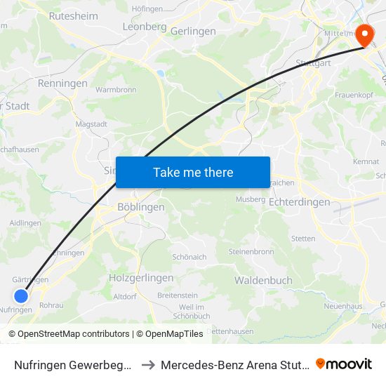 Nufringen Gewerbegebiet to Mercedes-Benz Arena Stuttgart map