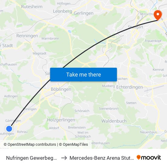 Nufringen Gewerbegebiet to Mercedes-Benz Arena Stuttgart map