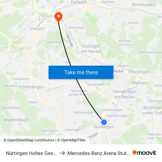 Nürtingen Hohes Gestade to Mercedes-Benz Arena Stuttgart map