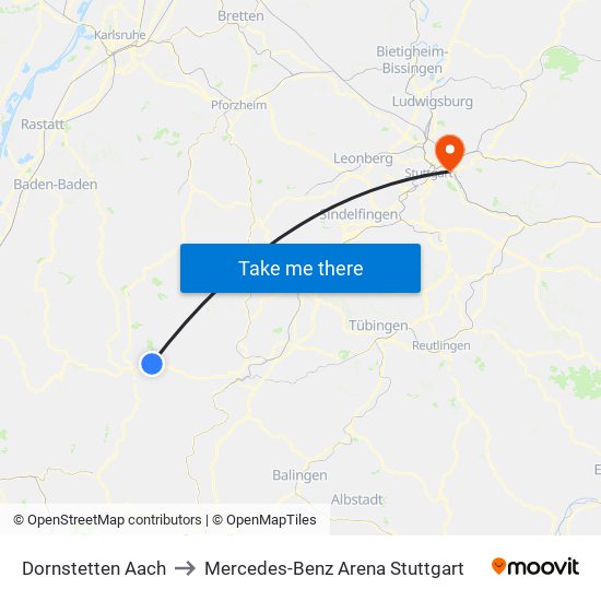 Dornstetten Aach to Mercedes-Benz Arena Stuttgart map
