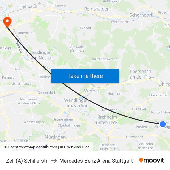 Zell (A) Schillerstr. to Mercedes-Benz Arena Stuttgart map