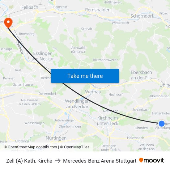 Zell (A) Kath. Kirche to Mercedes-Benz Arena Stuttgart map