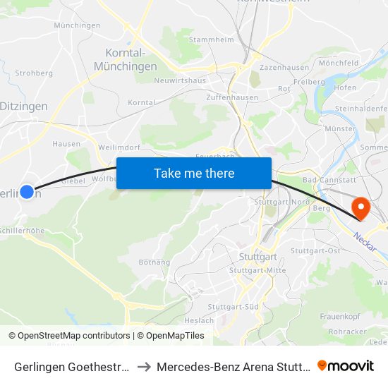 Gerlingen Goethestraße to Mercedes-Benz Arena Stuttgart map