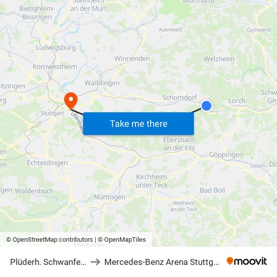 Plüderh. Schwanfeld to Mercedes-Benz Arena Stuttgart map