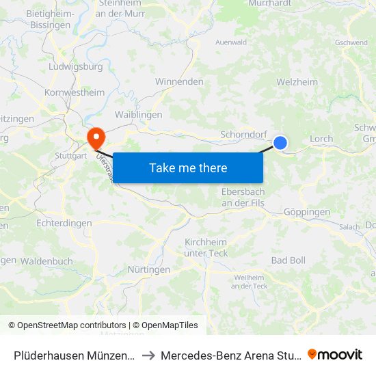 Plüderhausen Münzenhalde to Mercedes-Benz Arena Stuttgart map