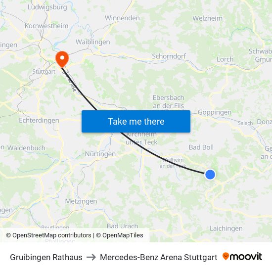 Gruibingen Rathaus to Mercedes-Benz Arena Stuttgart map