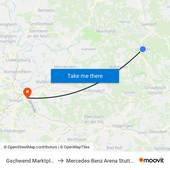 Gschwend Marktplatz to Mercedes-Benz Arena Stuttgart map