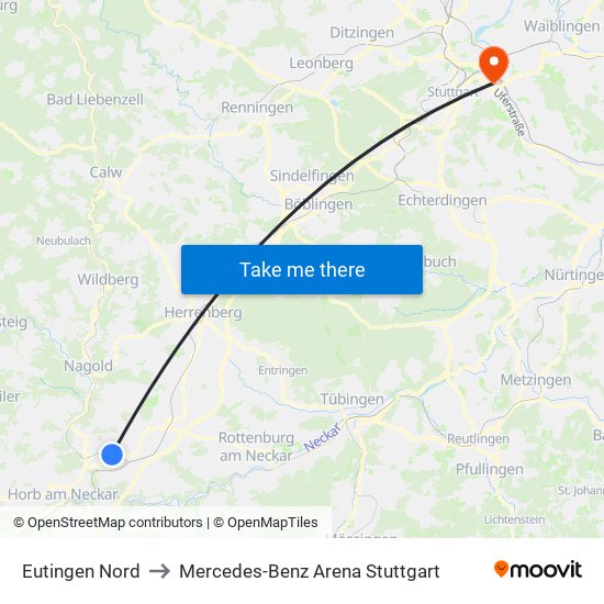 Eutingen Nord to Mercedes-Benz Arena Stuttgart map