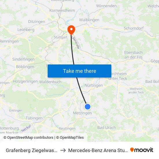 Grafenberg Ziegelwasenstr. to Mercedes-Benz Arena Stuttgart map