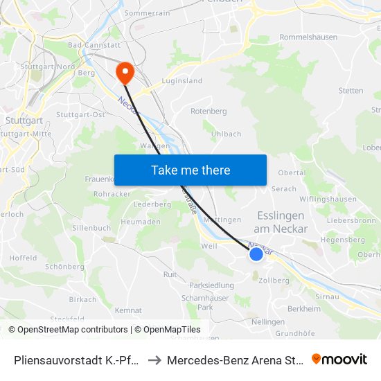 Pliensauvorstadt K.-Pfaff-Str. to Mercedes-Benz Arena Stuttgart map