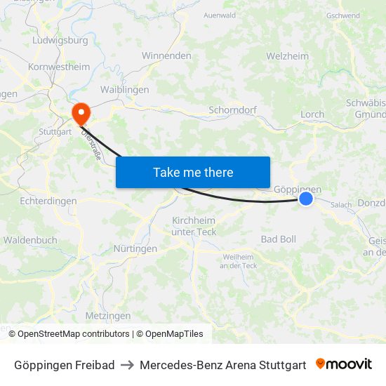 Göppingen Freibad to Mercedes-Benz Arena Stuttgart map