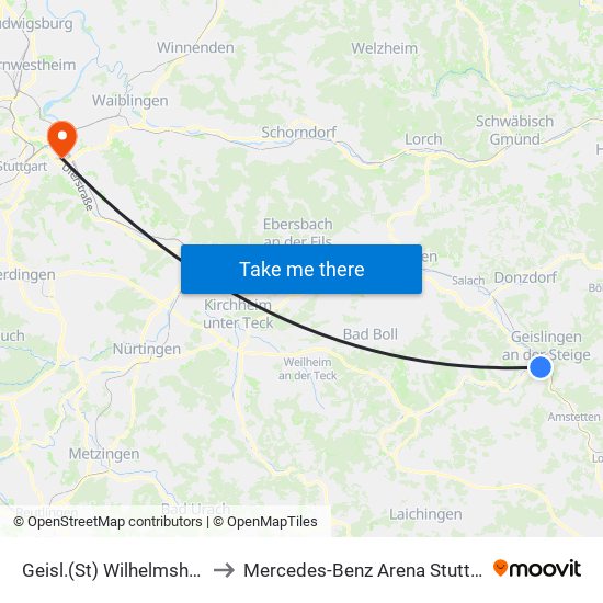 Geisl.(St) Wilhelmshöhe to Mercedes-Benz Arena Stuttgart map