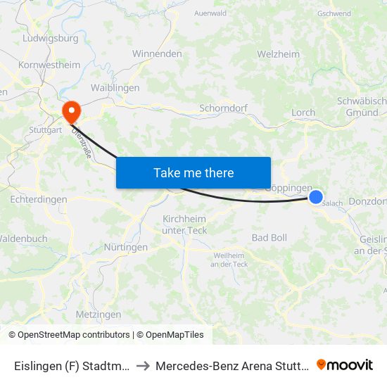 Eislingen (F) Stadtmitte to Mercedes-Benz Arena Stuttgart map