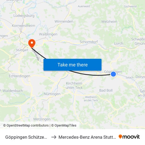 Göppingen Schützenstr. to Mercedes-Benz Arena Stuttgart map