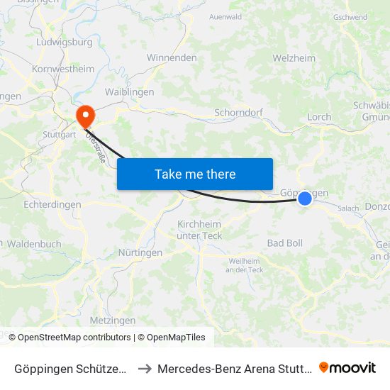 Göppingen Schützenstr. to Mercedes-Benz Arena Stuttgart map