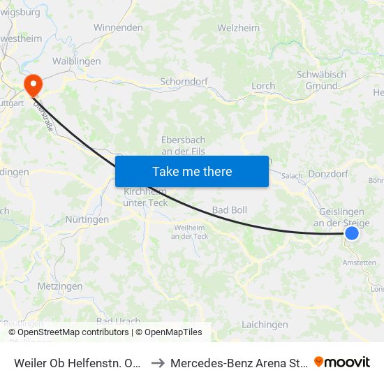 Weiler Ob Helfenstn. Oberdorf to Mercedes-Benz Arena Stuttgart map