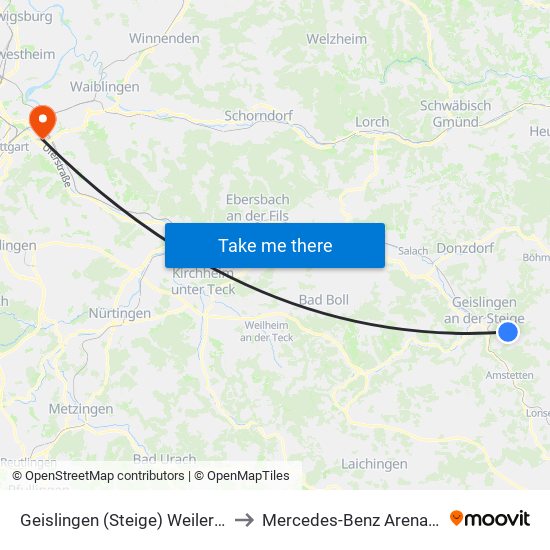 Geislingen (Steige) Weiler Lindenhof to Mercedes-Benz Arena Stuttgart map