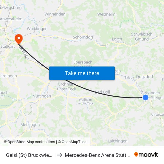 Geisl.(St) Bruckwiesen to Mercedes-Benz Arena Stuttgart map