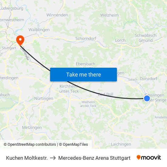 Kuchen Moltkestr. to Mercedes-Benz Arena Stuttgart map