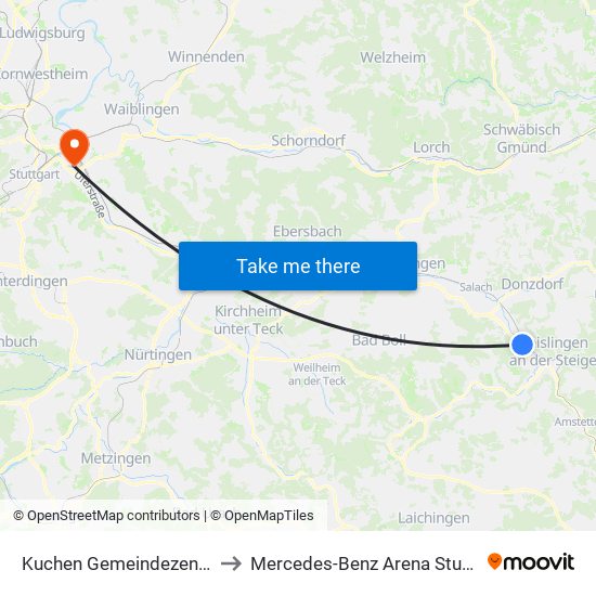 Kuchen Gemeindezentrum to Mercedes-Benz Arena Stuttgart map