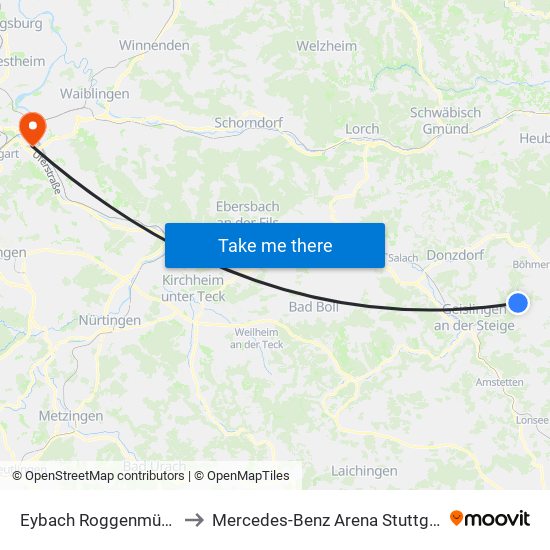 Eybach Roggenmühle to Mercedes-Benz Arena Stuttgart map