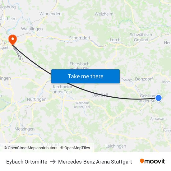 Eybach Ortsmitte to Mercedes-Benz Arena Stuttgart map